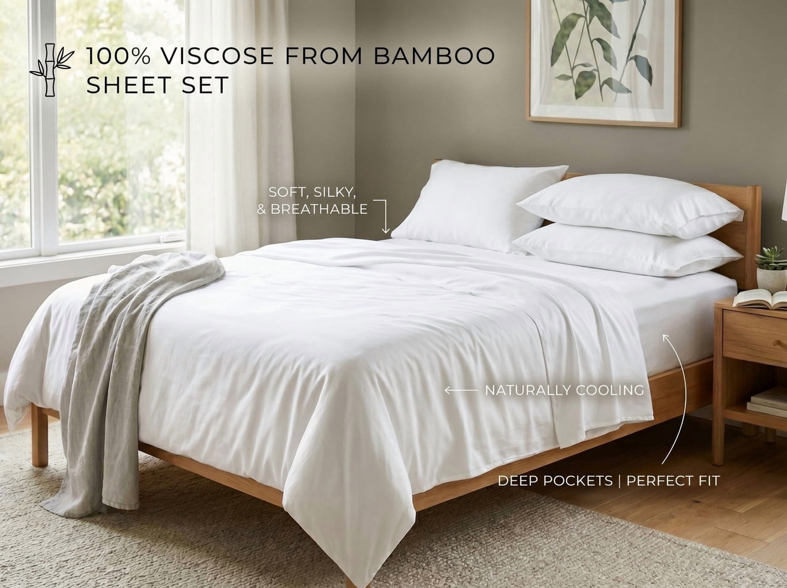 100% Viscose Derived from Bamboo Queen Size Sheets 4-Piece 1000 Thread Count - For Hot Sleeper - Breathable & Cooling, Hotel Luxury - 10" Deep Pocket - White