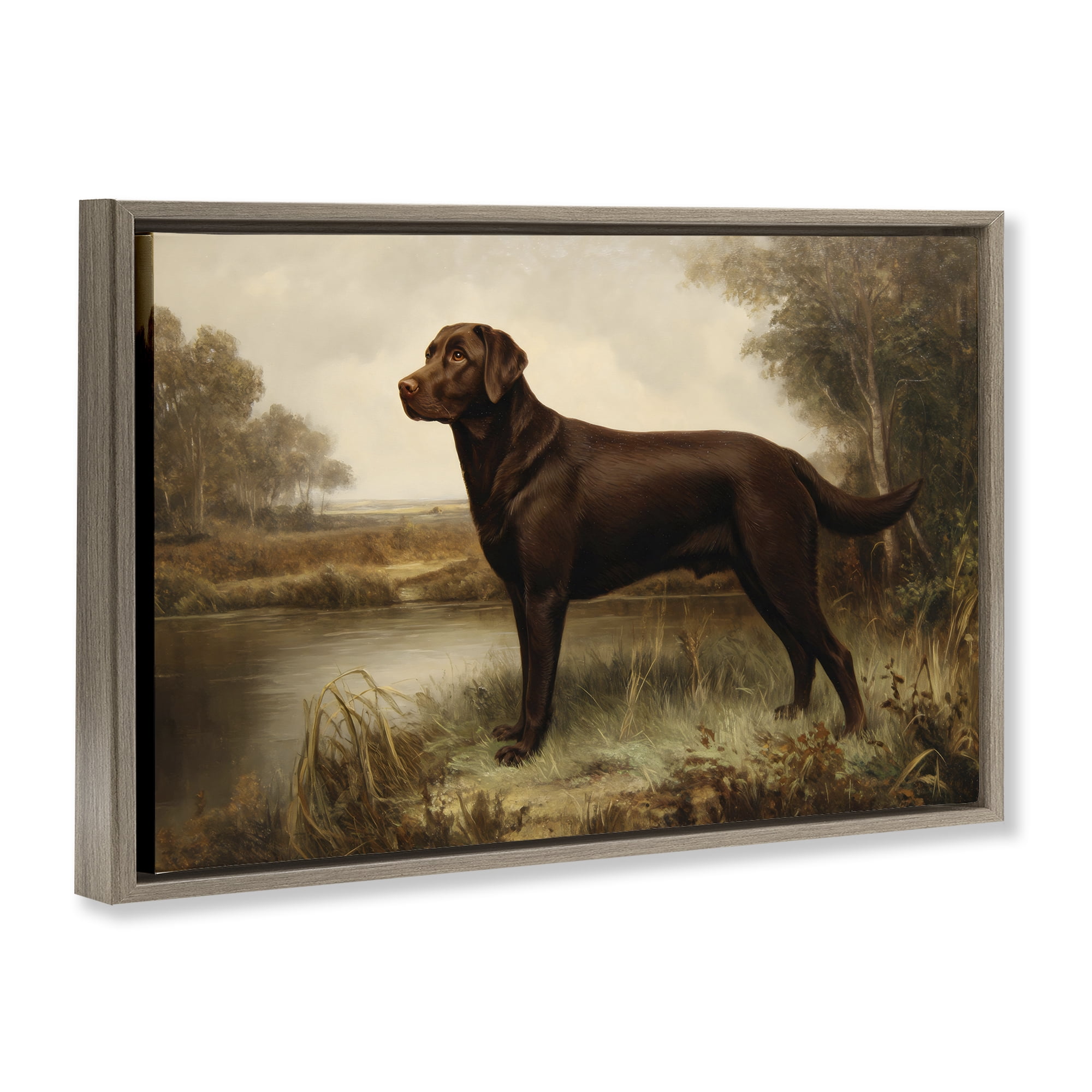 Stupell Industries Brown Lab By The River Brown Framed Floater Canvas Wall Art, design by Petal Prints Design