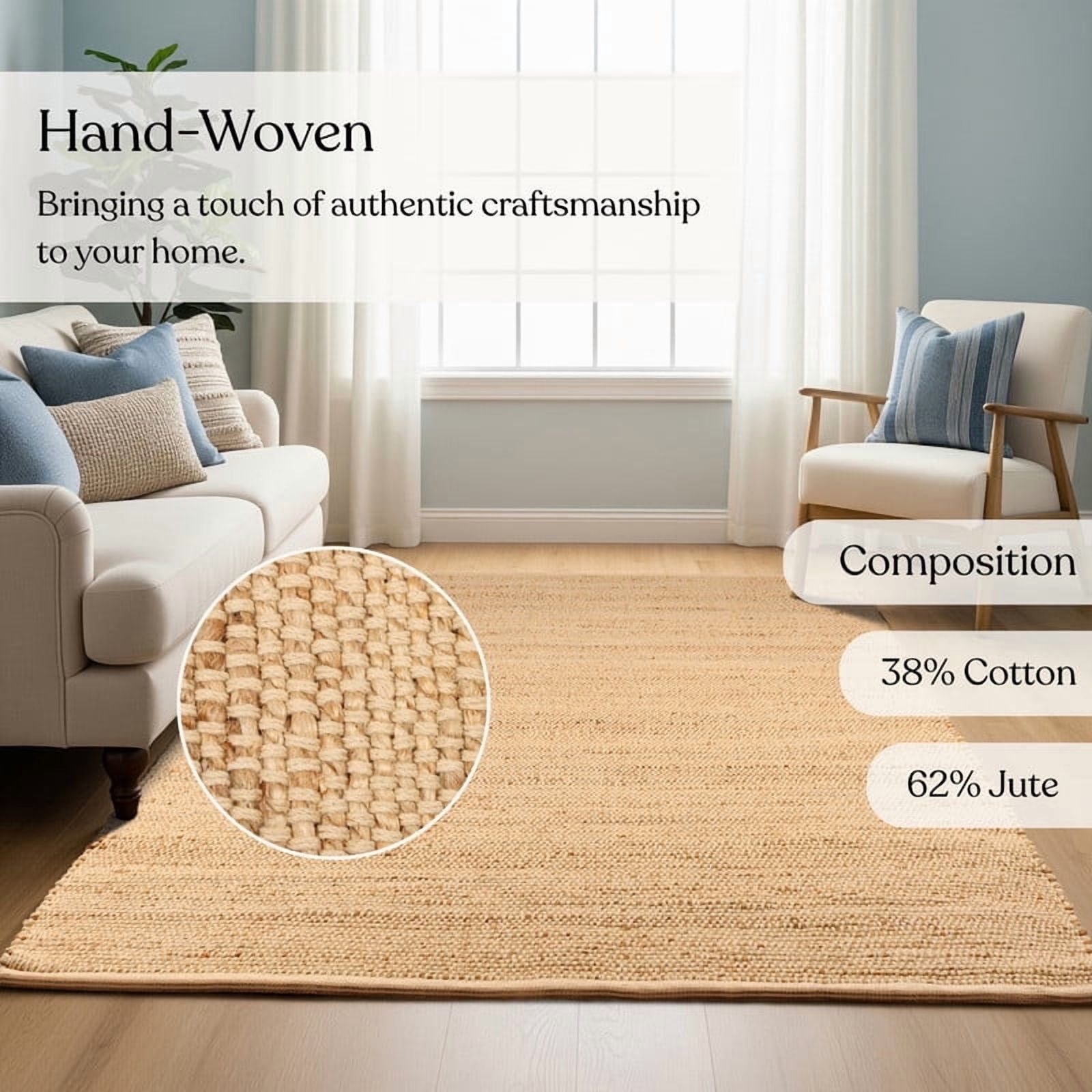 Delara Handwoven Jute and Cotton Area Rug – Natural Rug, Farmhouse Accent Rug for Living Room, Bedroom, or Entryway – Sustainable, Flatweave, Natural , 4' X 6'
