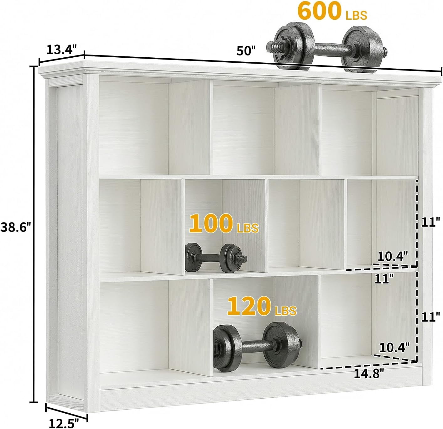 Homieasy 50" Wood Cube Storage Organizer, 10 Cube Storage Book Shelf, Wooden 3 Tiers Floor Standing Low Bookcase for Living Room, Bedroom, Home Office, Kids Room, White