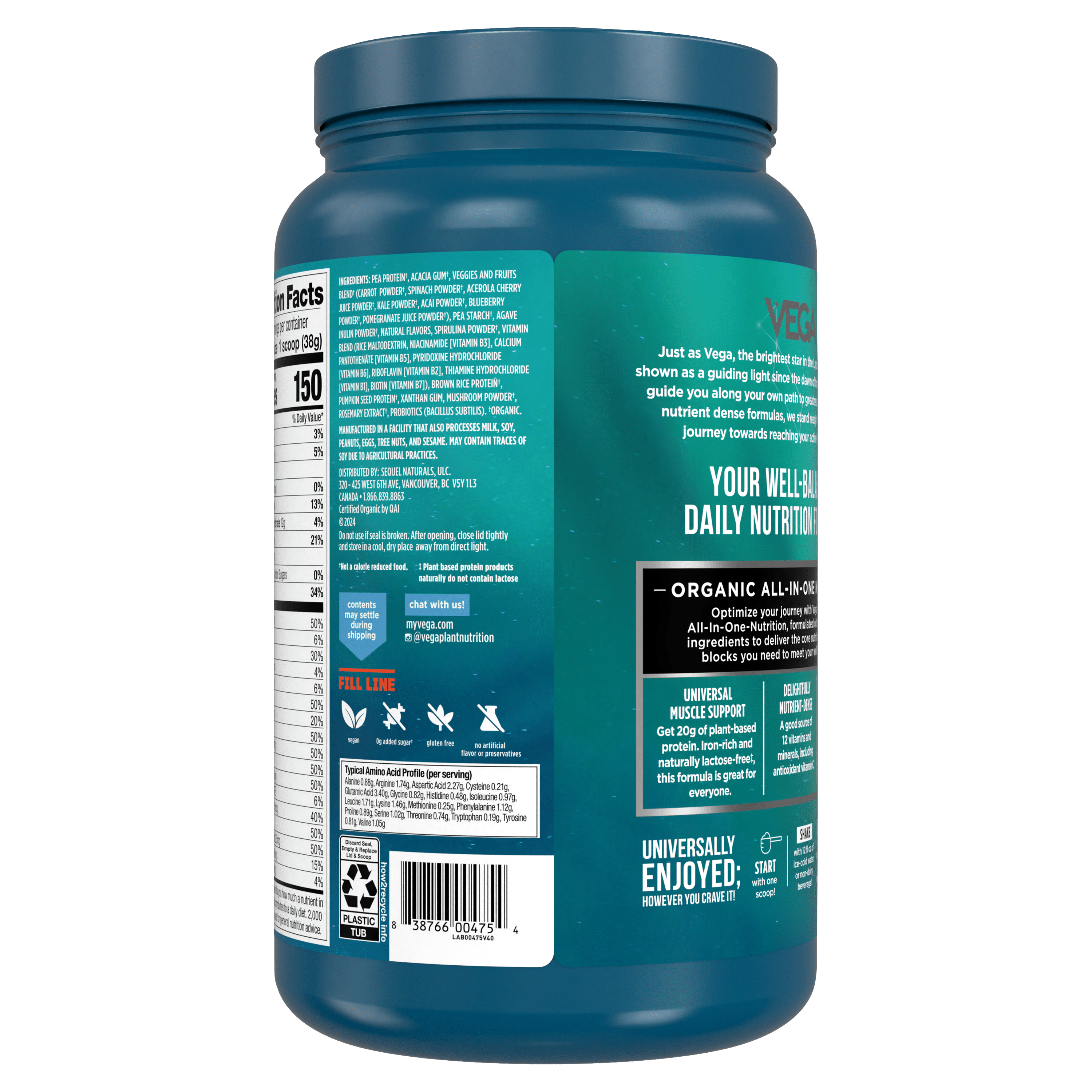 Vega One Organic All-in-One Plant Protein Powder, Unsweetened, 20g Protein, 1.7lb 26.9oz