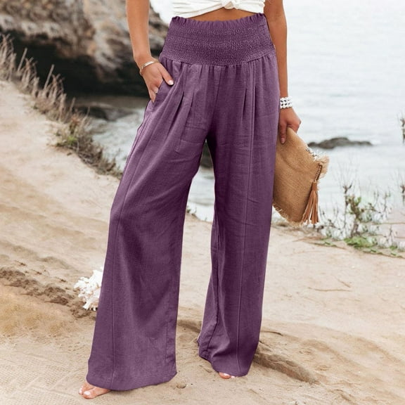 Purple Womens Sweatpants Women Summer High Waisted Cotton Linen Palazzo Pants Wide Leg Long Pant Trousers with Pocket Casual Pants Women