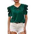 thumbnail image 1 of Top informal de verano verde oscuro, talla L, camiseta con cuello en V, lazo, mangas abullonadas y botones en la espalda, 1 of 6