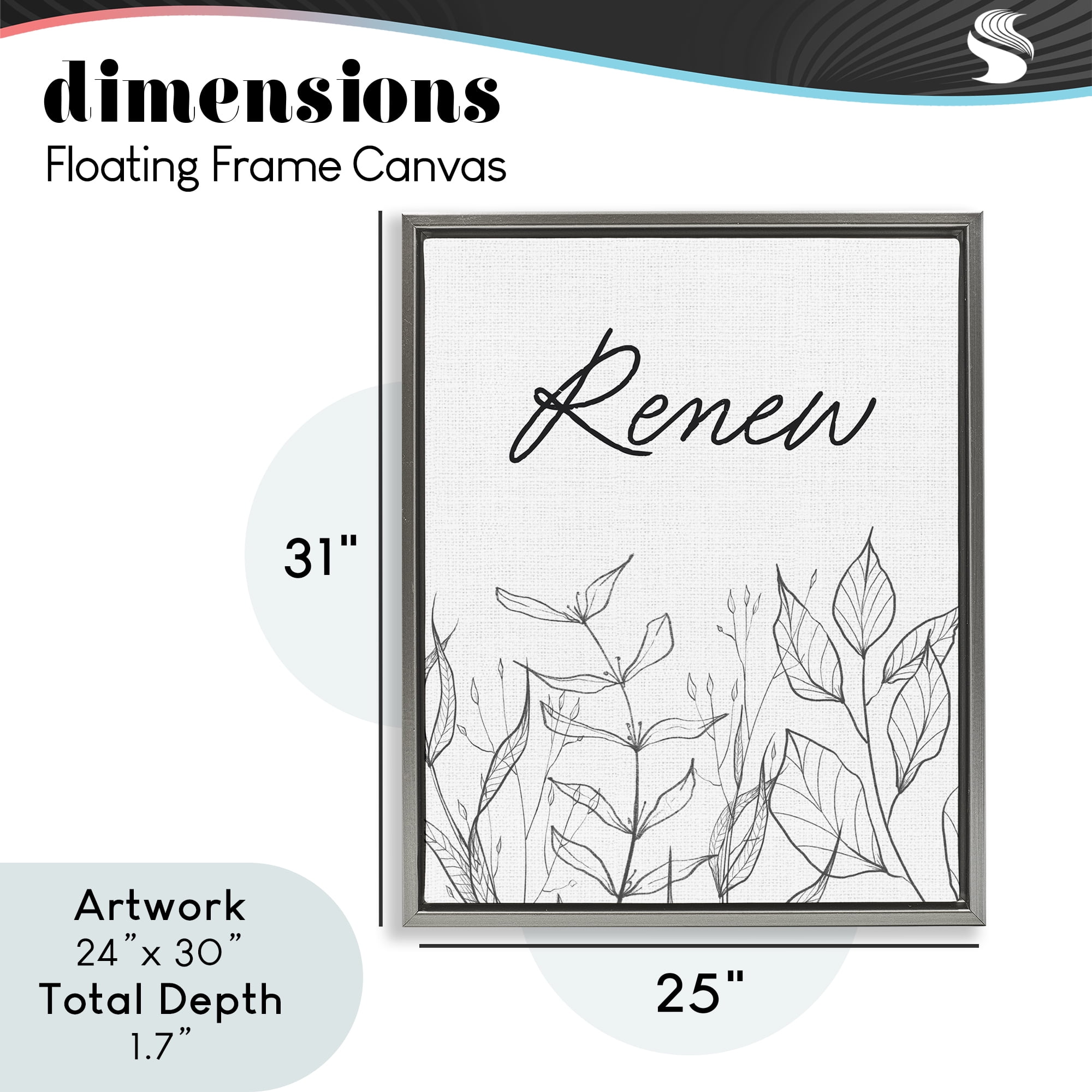 Renew with Leaf Outlines Gray Framed Floater Canvas Wall Art, design by Lettered and Lined