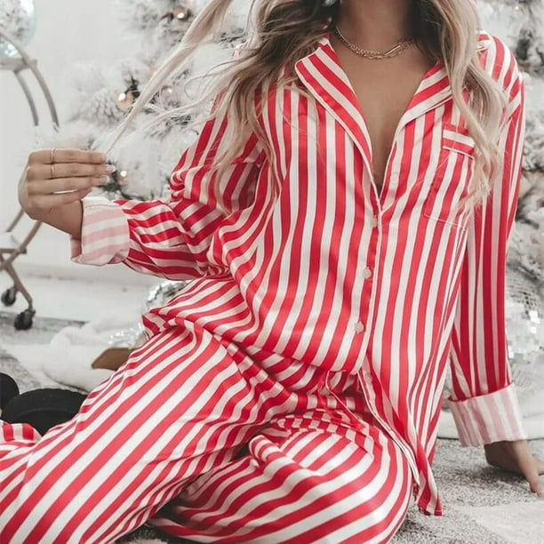 Hirigin Conjunto de pijamas navidenos a rayas para mujer camisa de saten de manga larga Top pantalones holgados anchos elasticos ropa de dormir de salon de 2 piezas Walmart en linea