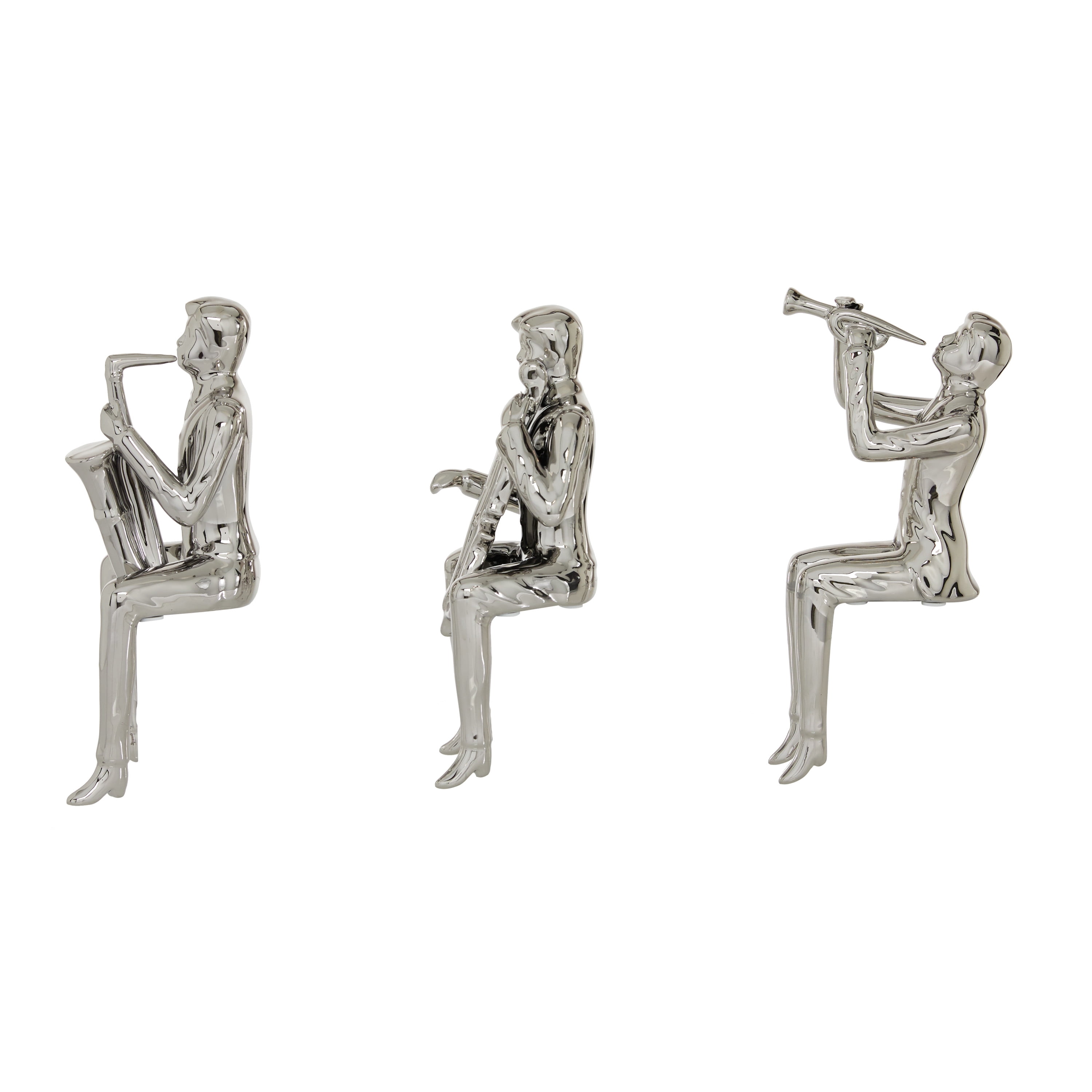 4"W, 9"H Silver Porcelain Shelf Sitting Musician Sculpture, by DecMode (3 Count)