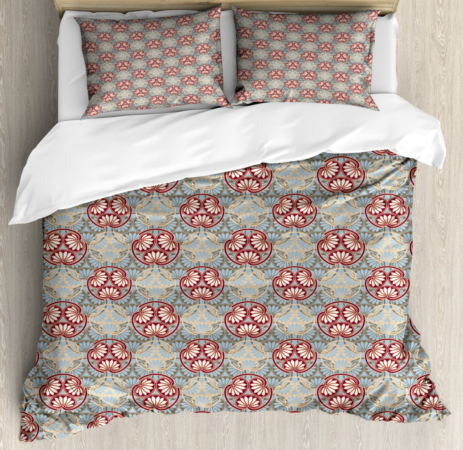 Japanese King Size Duvet Cover Set, Oriental Flower Pattern with Asian