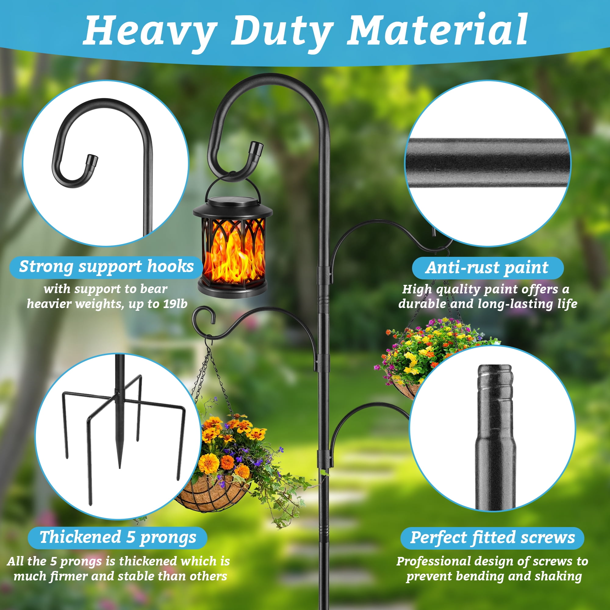 92 Inch Shepherds Hooks for Outdoor with 4 Hooks, Heavy Duty Bird Feeder Pole with 5 Base Prongs, Adjustable Garden Hanging Holder for Bird Feeders, Lanterns, Valentine's Gift Weddings Decor
