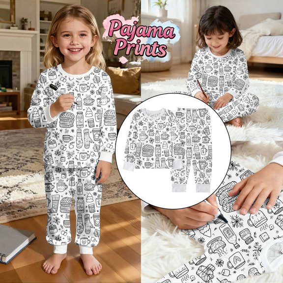 Cozy Themed Girls Pajama Long Sleeve Top And Pants Cute Cartoon Doodle Print Soft Loungewear For Children Holiday Family Matching Sleepwear Outfit Festive Nightwear For Kids