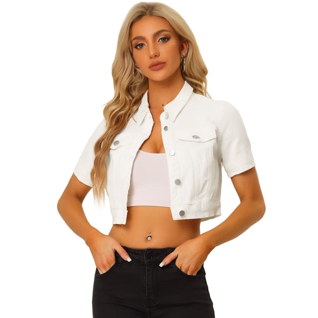 Chaqueta Corta Informal Para Mujer De Manga Corta Vaquera Blanco S