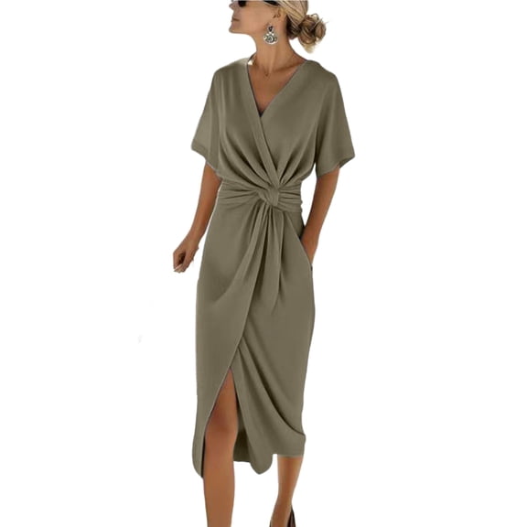 Ashirexll Womens Summer Dresses, Casual Dresses for Women, V-Neck Short Sleeve Knot Waist Slit Wrap Solid Color Midi Dress