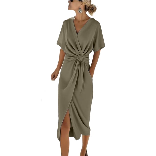 Vestido de Manga Corta Midi para las Mujeres V-Cuello Nudo Cintura Hendidura Envoltura Vestido de Color Sólido, Estilo de Vestido de Denim de Manga Corta con Tejido Fluido, Vestido Versátil de Verano