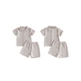thumbnail image 2 of BemeyourBBs Toddler Baby Boy Summer Clothes Newborn Infant Boys Baptism Outfit Cotton Gauze Solid Color Short Sleeve Button Down Shirt Tops And Shorts Set Pocket, 2 of 9