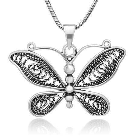 925 Oxidized Sterling Silver Filigree Butterfly Rope Design Pendant Necklace 18 inches Women Jewelry