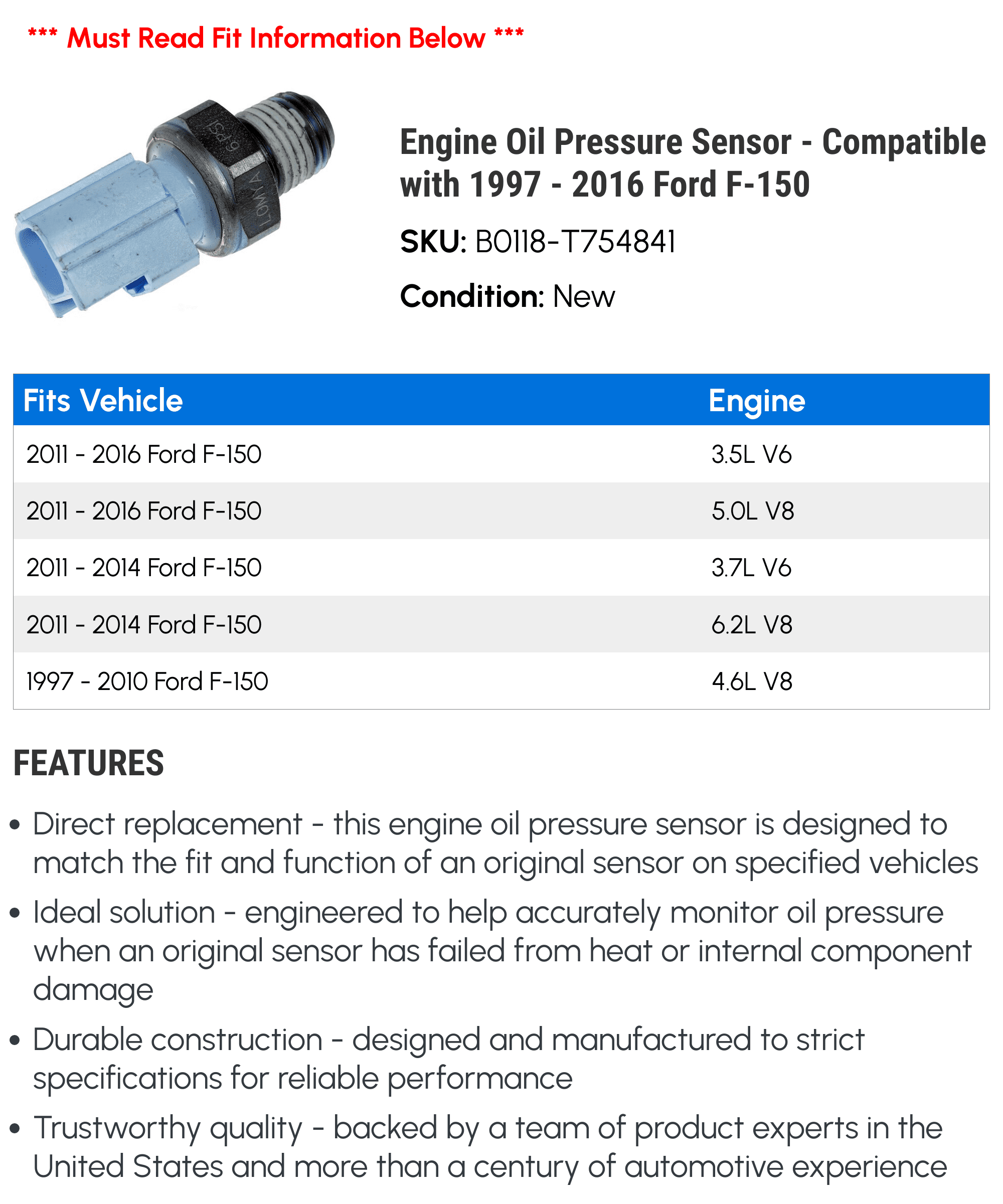Engine Oil Pressure Sensor - Compatible with 1997 - 2016 Ford F-150 - Dorman