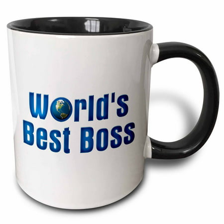 3dRose Blue text Worlds Best Boss with globe on white background, Two Tone Black Mug, (Best Black Ass In The World)
