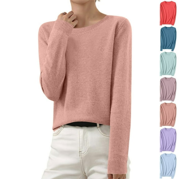 ATENAR Sweaters for Women,Crew Neck Sweaters for Women,Soft,Solid,Knitting Cotton,Pink,S(US:4)
