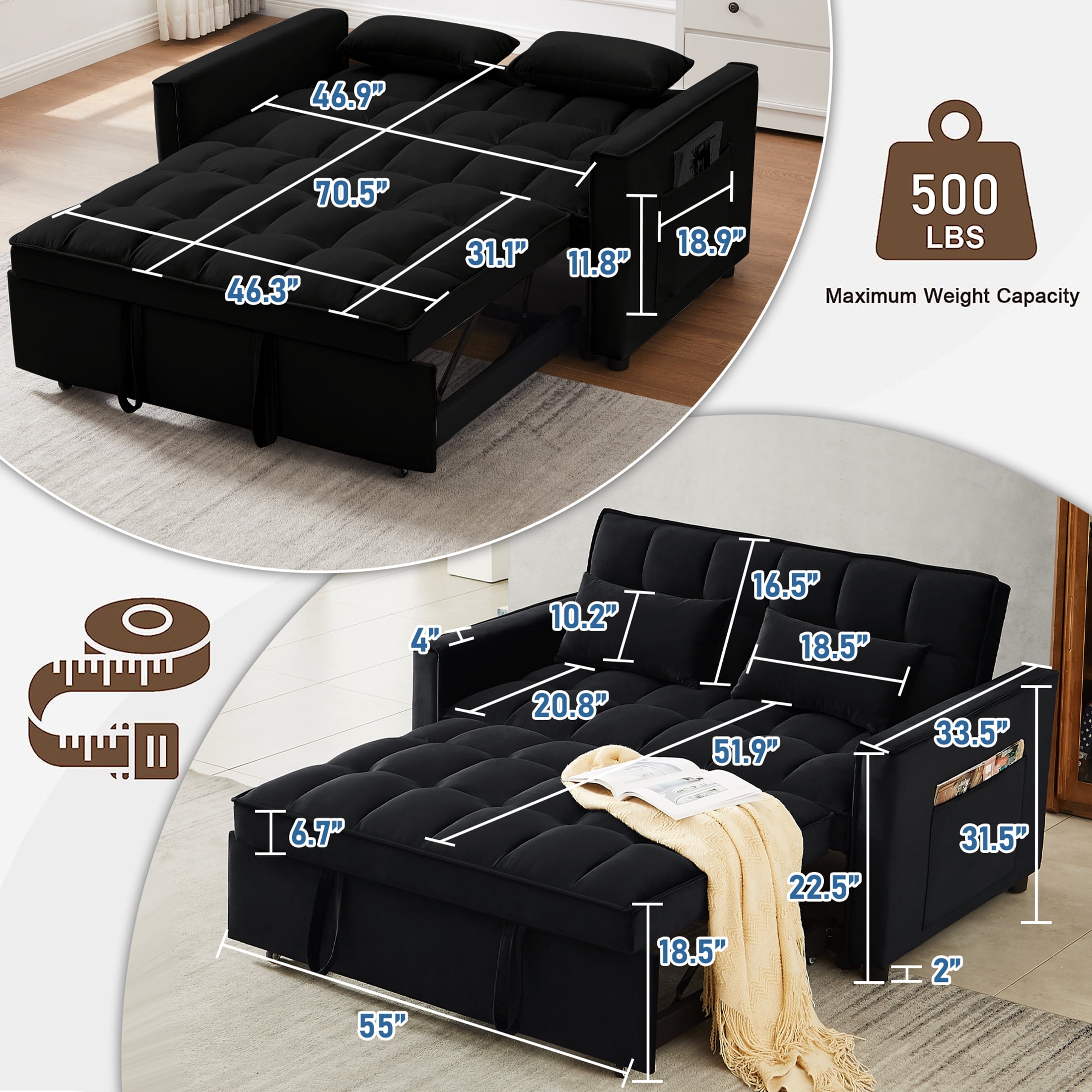DEALTOPS Loveseat Convertible Pull Out Sleeper Sofa Bed, Black