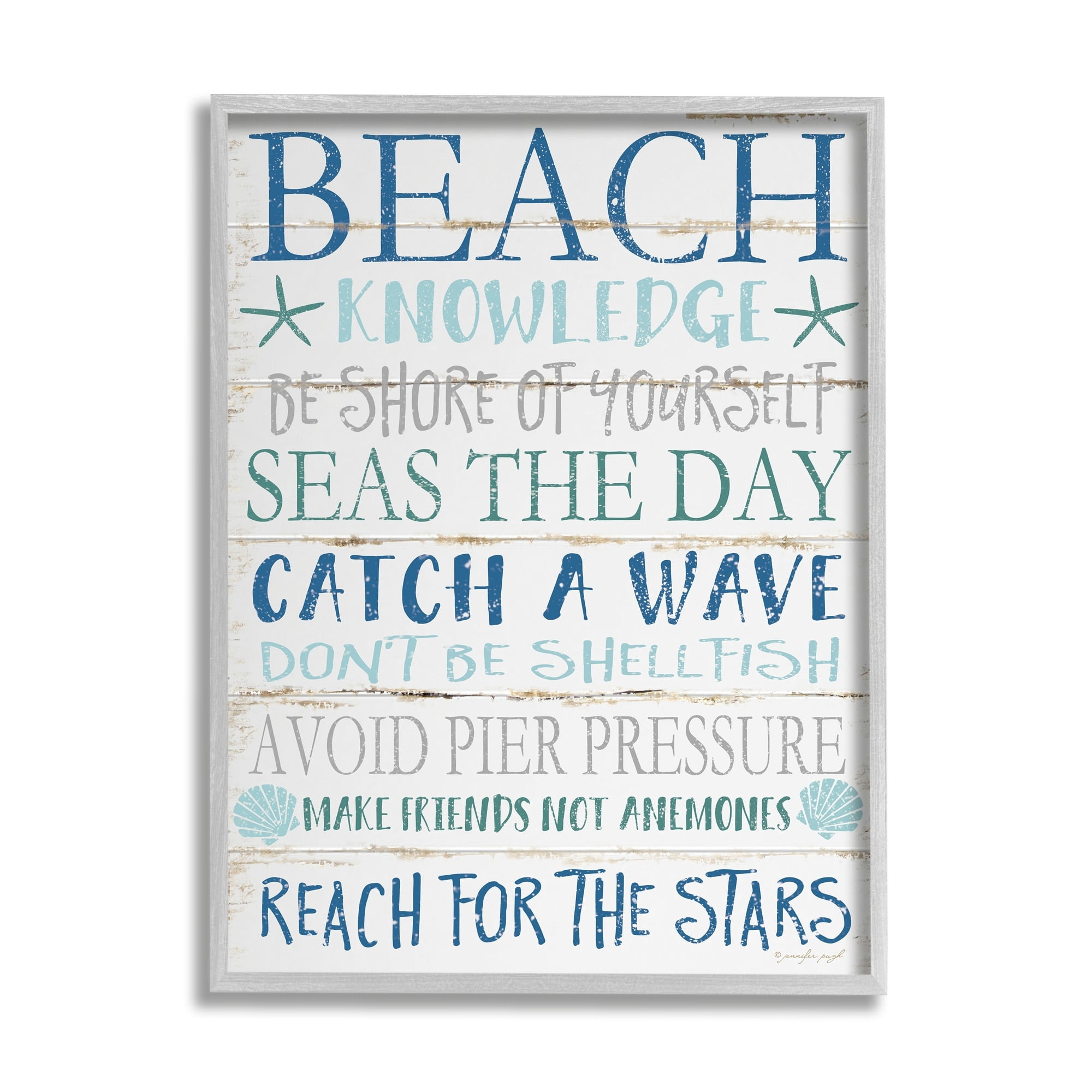 Stupell Industries Beach Knowledge Blue Aqua and White Planked Look Sign Graphic Art Gray Framed Art Print Wall Art, 16x20, by Jennifer Pugh