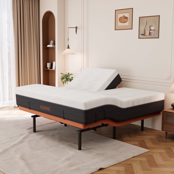ESHINE Split Top King Adjustable Bed Frame with 14" Gel Memory Foam Mattress - Electric Upholstered Base, Massage Function, Wireless Remote, Head & Foot Incline, USB Ports, Under Bed Light,Orange