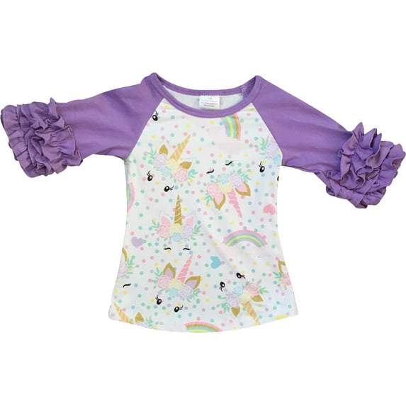 Little Girl Kids Ruffle Sleeve Unicorn Rainbow Raglan T Shirt Lilac 2T XS 201288 BNY Corner