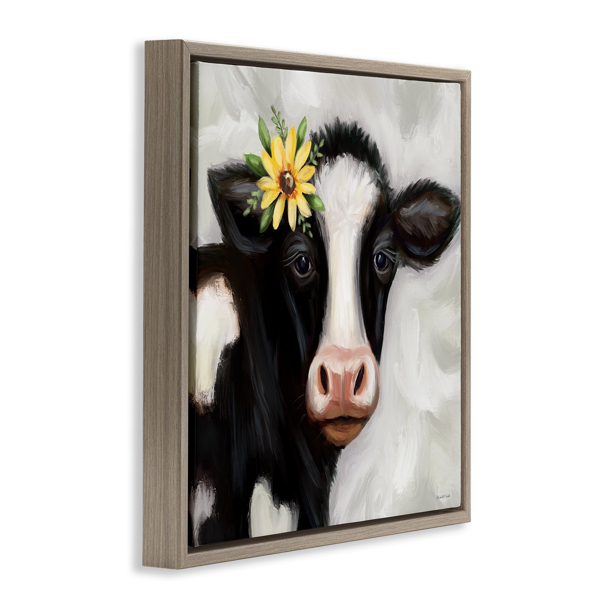 Stupell Industries Cow with Yellow Daisy Animals & Insects Painting Brown Floater Framed Canvas Art Print Wall Art, 18 x 18