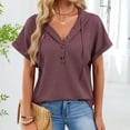 thumbnail image 5 of Yigetop Short Sleeve Sweatshirt Women's Summer Hoodies Short Sleeve Button V Neck Lightweight Drawstring Hoodies Summer Hoodies for Women Brick Red L, 5 of 8
