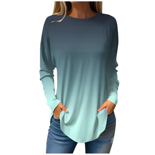 FAIWAD Women's Top Long Sleeve Drop Shoulder Round Neck Gradient Top Lightweight Loose Tops