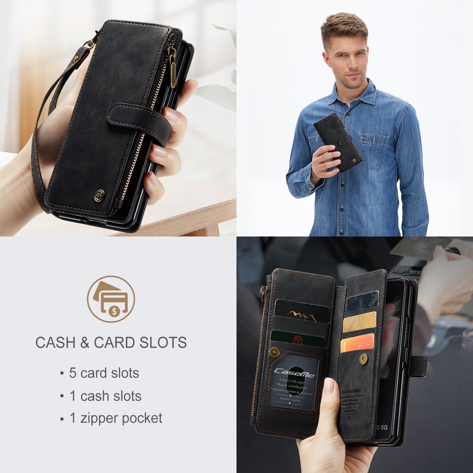 Dteck for Samsung Galaxy Z Fold3 Case, Heavy Duty PU Leather Card Wallet Case with Wrist Strap, Black