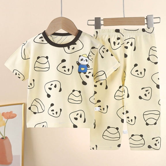 Toddler Baby Summer Outfits Comfy Funny Printed Casual Cotton Short Sleeve Round Neck T-Shirt Pants Boys Girls 2 Pieces Loungwear Set Beige 4-5 Years