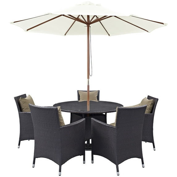 Modern Contemporary Urban Design Outdoor Patio Balcony Seven PCS Dining Chairs and Table Set, Brown, Rattan