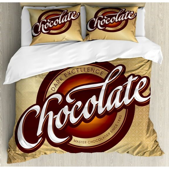Chocolate Duvet Cover Set Queen Size, Master Chocolatier Sign Dark Excellence Text Retro Style, Decorative 3 Piece Bedding Set with 2 Pillow Shams, Chestnut Brown Sand Brown and White, by Ambesonne