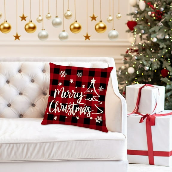 Merry Christmas Throw Pillow Covers,18x18 Inch Xmas Flax Black and Red Plaid Pillowcase,Xmas Trees Truck Buffalo Plaid Believe Farmhouse Decorative Cushion Cases for Decoration