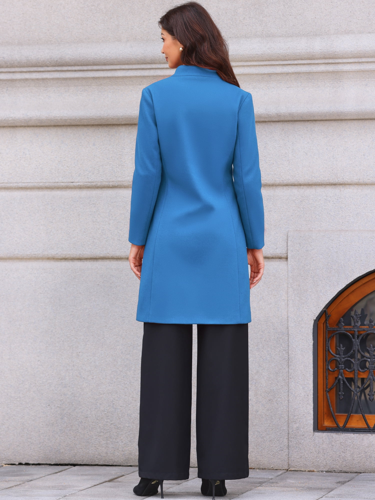 DARING DIVA Women's Stand Collar Mid-Length Overcoat with Pockets S Blue
