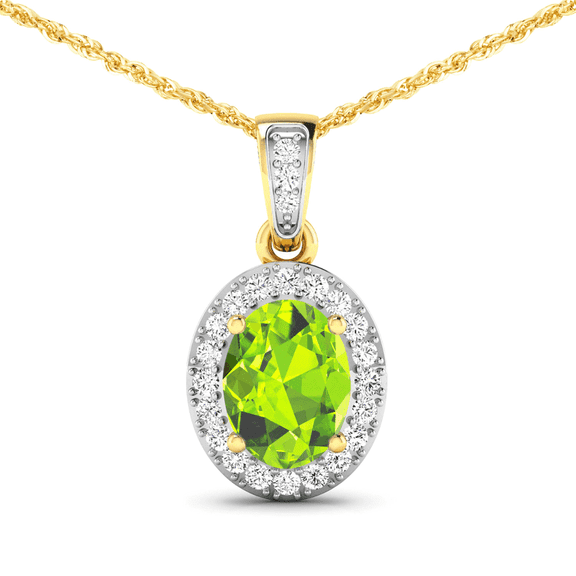 Natural Peridot Diamond Oval Pendant in 14K Yellow Gold Halo Style with 1.05 Carat Green Peridot and 23 White Diamonds August Birthstone Pendant Gift for Women