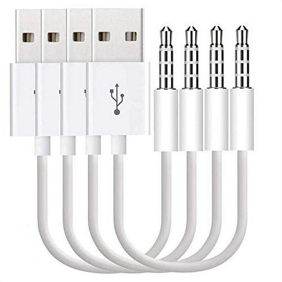 epacks for iPod Shuffle Cable, 4-Pack 3.5mm Jack Plug to USB Power Charger Sync Data Transfer 10.5cm Replacement Cable Compatible for iPod Shuffle 3rd | 4th | 5th Gen MP3/MP4 Case, 4 Pack, White