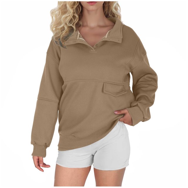 Timegard Sweatshirt for Women Trendy Lapel V Neck Pullover Tops Casual Solid Color Sports Workout Tops