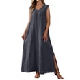 thumbnail image 2 of ClodeEU Women's V Neck Sleeveless Maxi Dress with Side Slit, Casual Solid Color Loose Flowy Dress Dark Gray,Women's Plus S, 2 of 8
