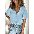thumbnail image 2 of QWZNDZGR Womens Casual Solid Color Short Sleeve Shirt V Neck Button Down Blouses, 2 of 5