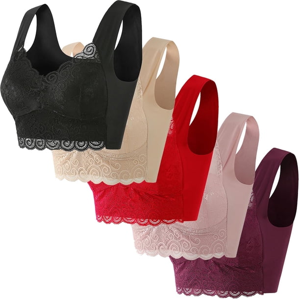 Sujetador de encaje con tirantes sólidos para mujer, ropa interior de poliéster, talla grande, 5 unidades