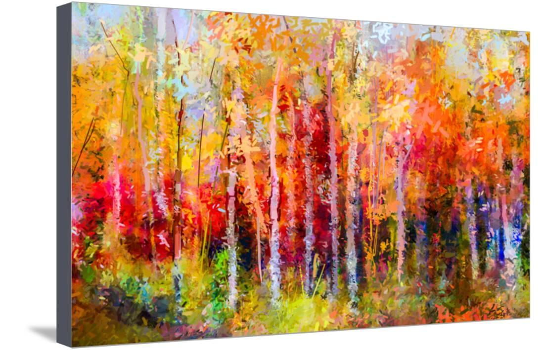 Oil Painting Landscape, Colorful Autumn Trees. Semi Abstract Paintings