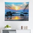 thumbnail image 1 of Beach Tapestry, Colorful Majestic Sunrise Sky Over Ocean with Rock Calm Seacoast Photo, Fabric Wall Hanging Decor for Bedroom Living Room Dorm, 2 Sizes, Blue Orange Cream, by Ambesonne, 1 of 1