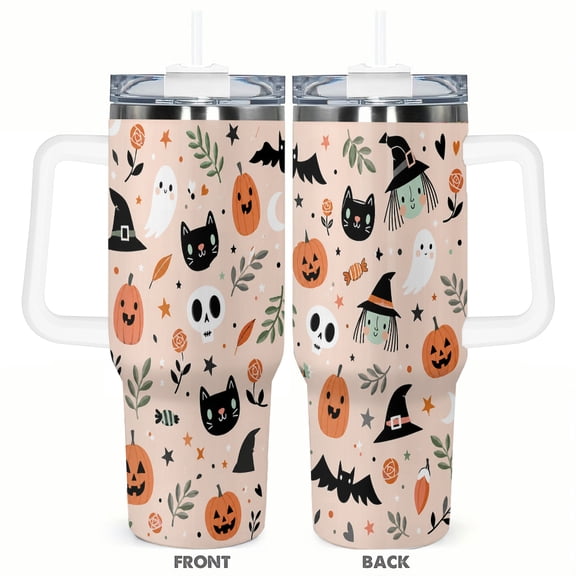 Halloween Cute Cat Pumpkin 40oz Car Tumbler Insulated Travel Cup with Handle Straw Stainless Steel Vacuum Coffee Cup Seasonal Gift for Her