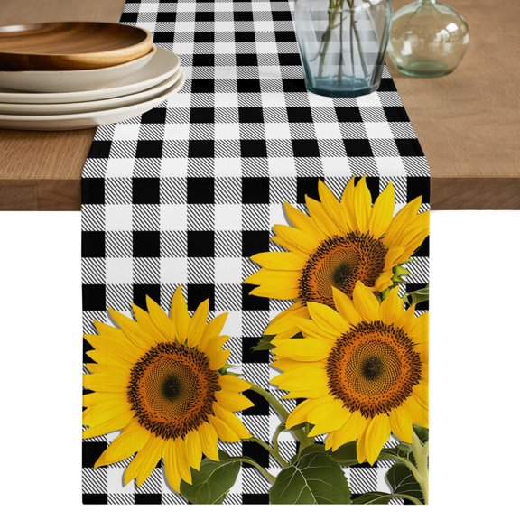 Table Runner 72 Inch Long - Farm Sunflower Decorative Table Scarf, Country Floral on Black White Plaid Dining Table Runners for Wedding Party Kitchen Dining Tables