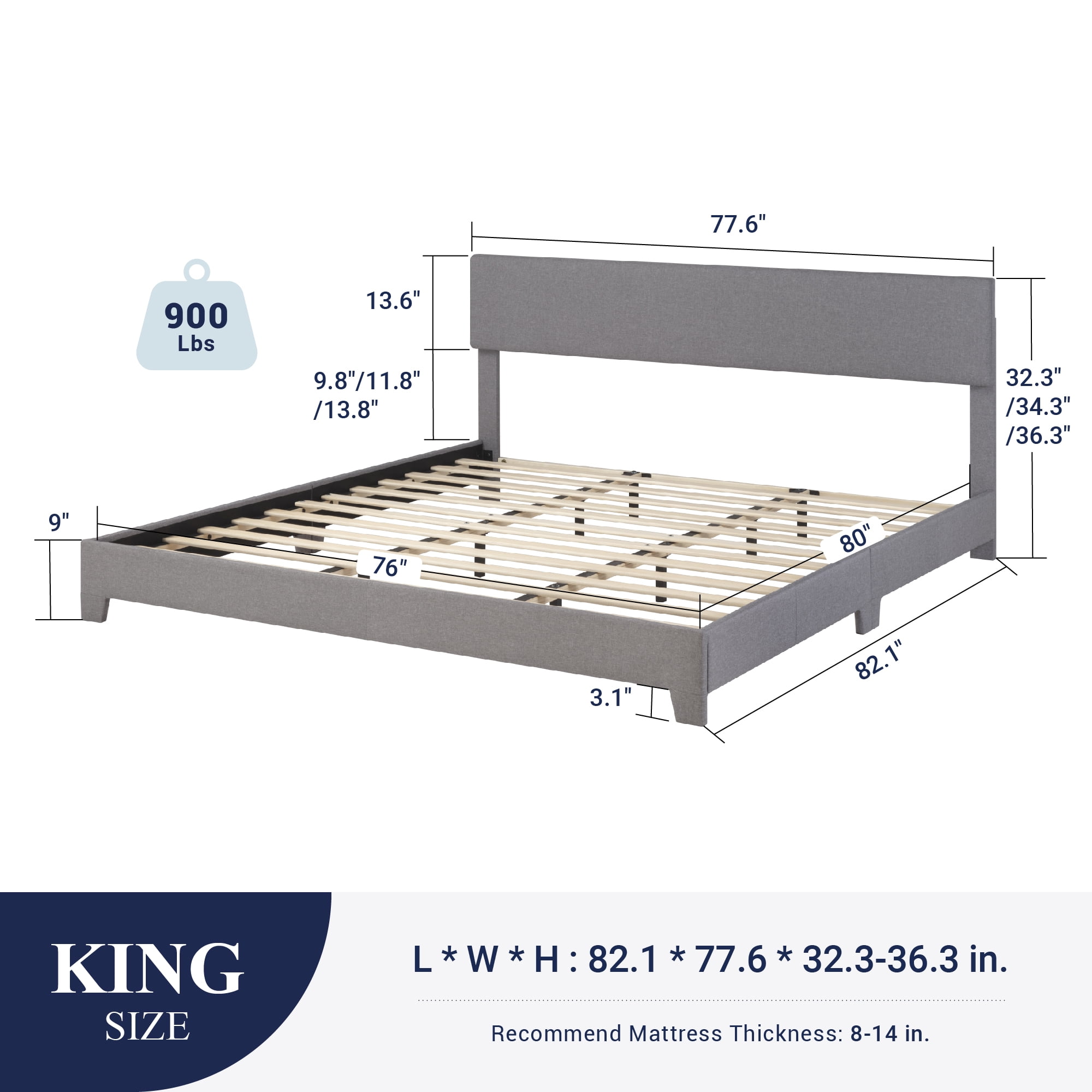 Sifurni King Size Platform Bed Fame with Upholstered Adjustable Fabric Headboard, Light Grey