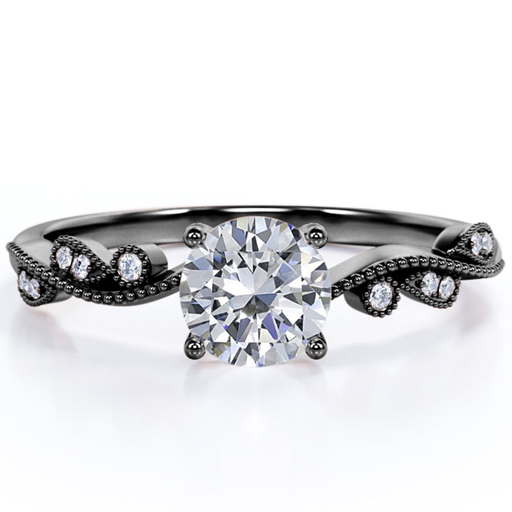 JeenMata 1.10 Carat Round Moissanite - Milgrain Decorative Bezel - Curved Band Engagement Ring - 18K Black Gold Plating Over Silver