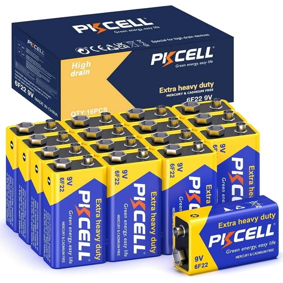 PKCELL 9V Battery, Long Lasting 9 Volt Battery for Smoke Alarms, 16 Pack