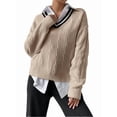 thumbnail image 3 of Womens V Neck Oversized Sweaters Long Sleeve Cable Knit Pullover Striped Chunky Sweater Casual Tennis Tunic Tops Khaki L, 3 of 8