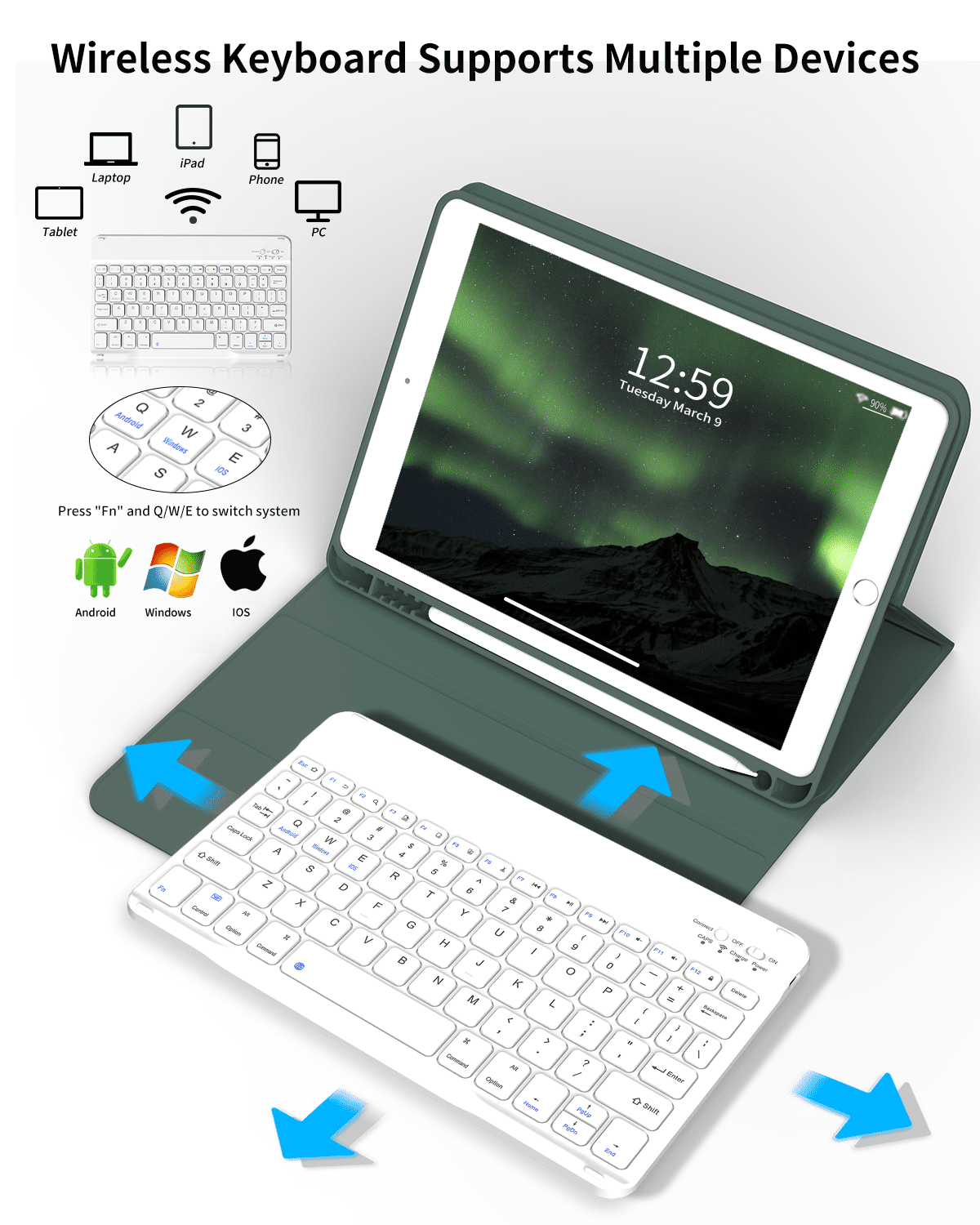 Aoub Keyboard Case for iPad 6th / 5th Generation 2018/2017 9.7 Inch, iPad Air / Air 2, Magnetic Detachable Wireless Bluetooth Folio Stand Rechargeable Keyboard Cover with Pencil Holder, Dark Green
