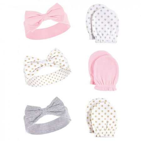 UPC: 0660168585384 | Hudson Baby Infant Girl Cotton Headband and Scratch Mitten 6pc Set  Dots  0-6 Months